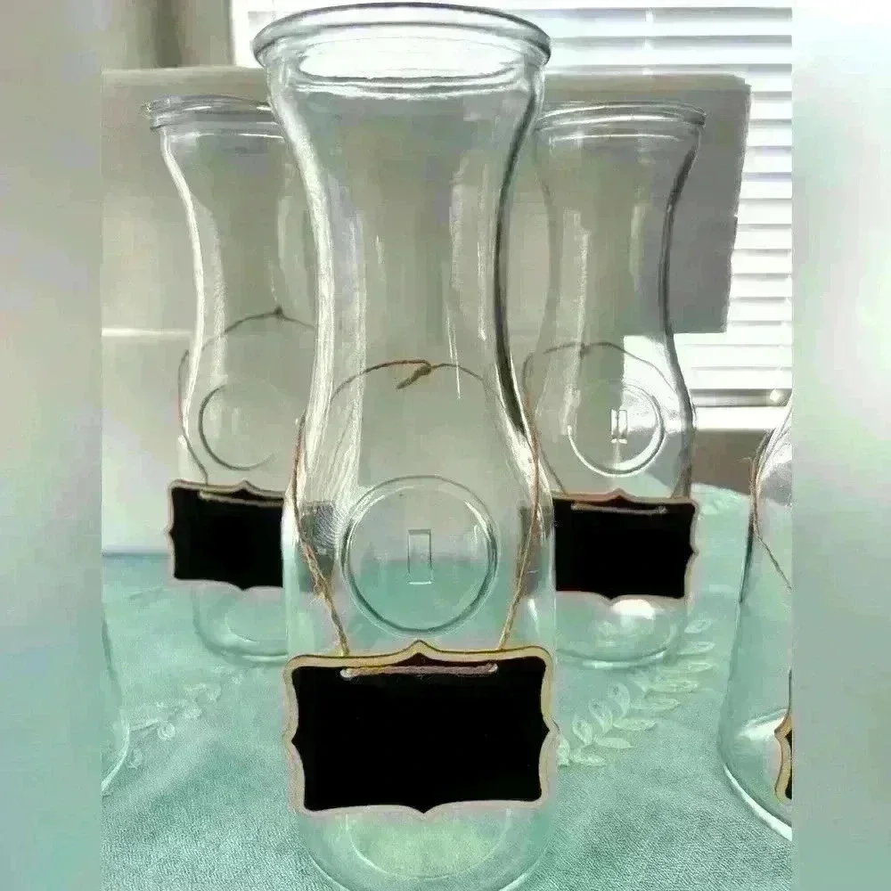 🐮 6 Glass Milk Bottles, 6 covers, black chaulk hanging tags and white marker